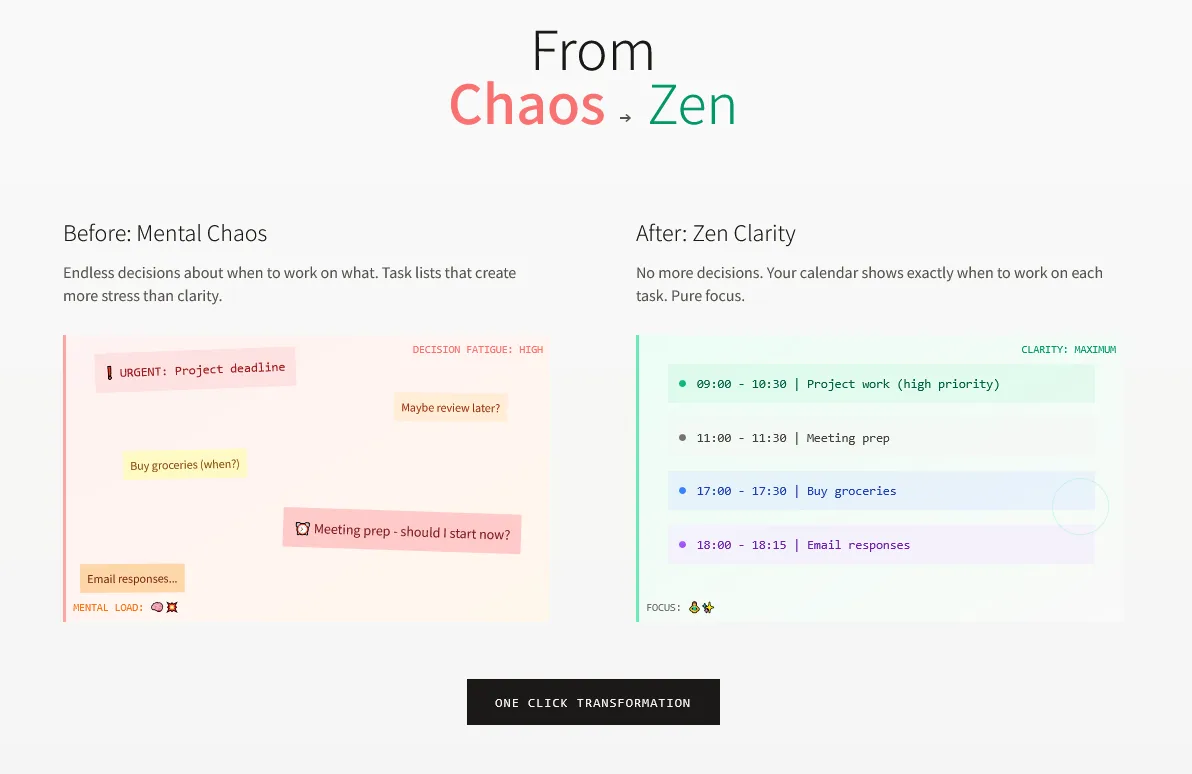 From chaos to clarity: a messy task list before, a finished day plan after