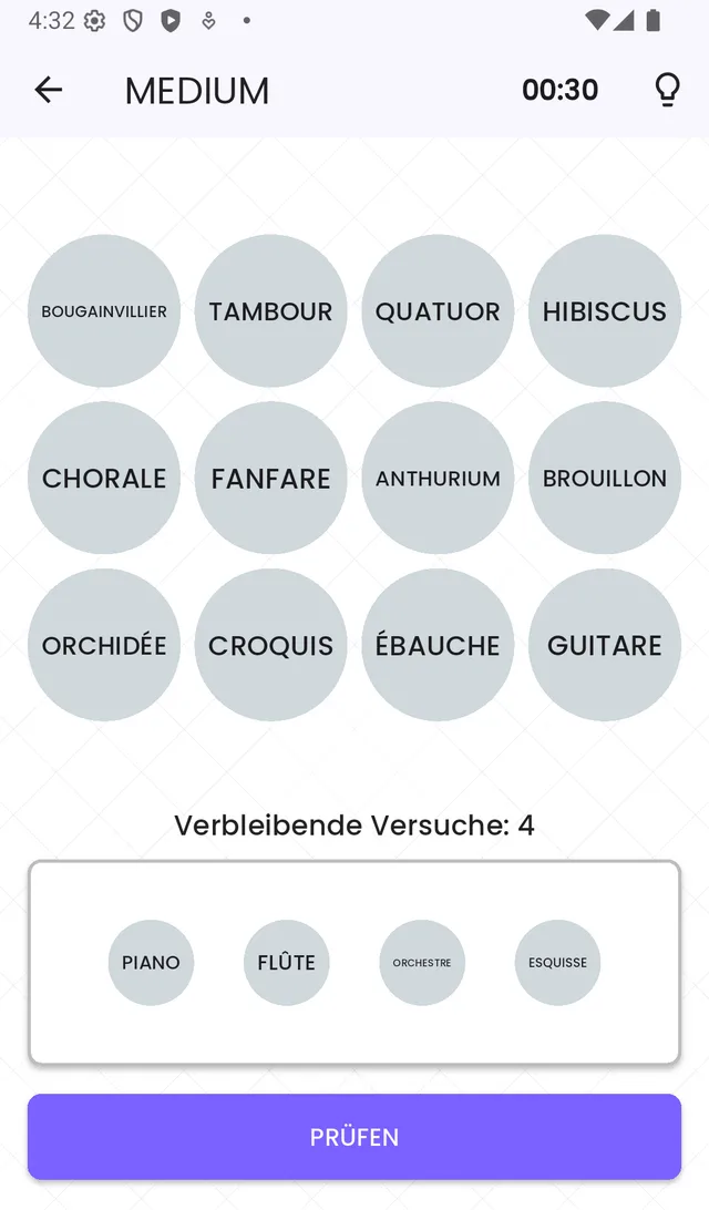 PuzzLing-App: Wortkacheln, Timer und Prüfen-Button im Spiel